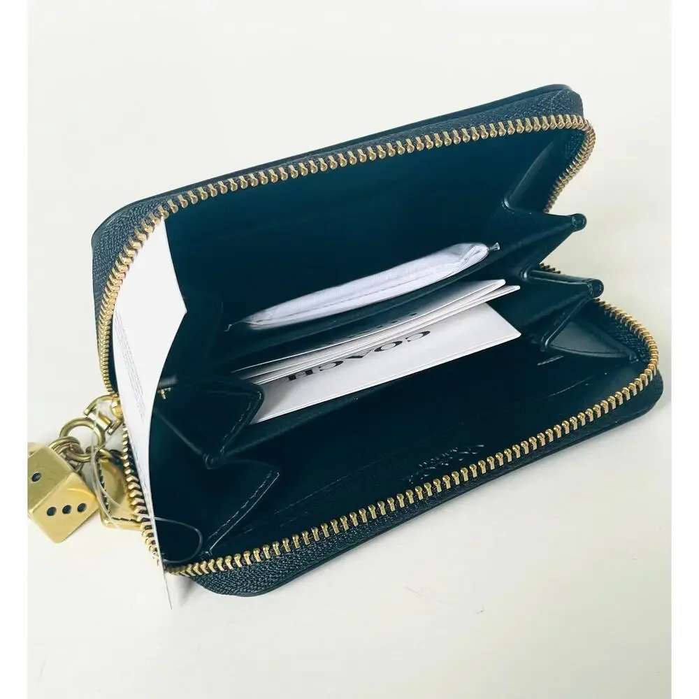 Coach Essential Small Zip Around Wallet Black Spazzolato Leather Charms CCD82